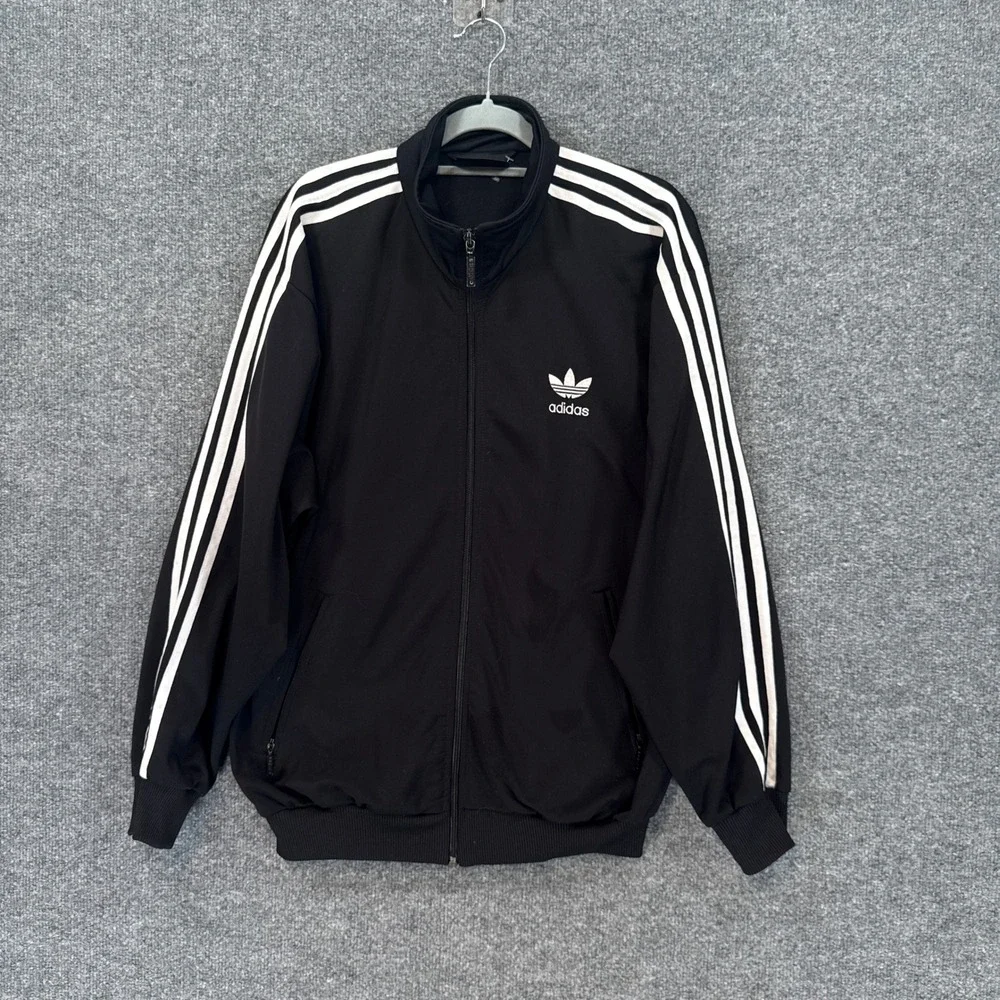 Adidas Track Jacket Mens Medium Black White Trefoil Three Stripe Full Zip Active